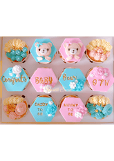Teddy Bear-themed cupcakes in light blue and pink colors for baby shower party